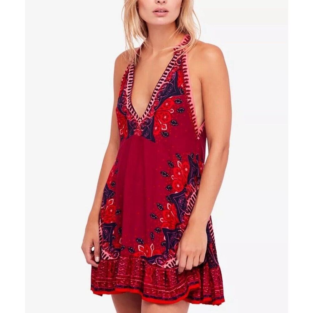 Free People Womens Size XS Red Steal The Sun Tunic Mini Dress Boho Festival